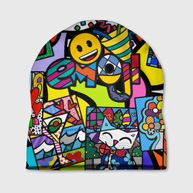 Шапка 3D с принтом Romero Britto   emoji , 100% полиэстер | универсальный размер, печать по всей поверхности изделия | brazilian artist | bright colors | cubism | emoji | emoticons | graffiti | pop art | romero britto | бразильский художник | граффити | кубизм | ромеро бритто | смайлики | эмодзи | яркие цвета