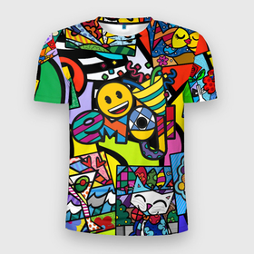 Мужская футболка 3D Slim с принтом Romero Britto   emoji в Санкт-Петербурге, 100% полиэстер с улучшенными характеристиками | приталенный силуэт, круглая горловина, широкие плечи, сужается к линии бедра | brazilian artist | bright colors | cubism | emoji | emoticons | graffiti | pop art | romero britto | бразильский художник | граффити | кубизм | ромеро бритто | смайлики | эмодзи | яркие цвета