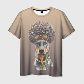 Мужская футболка 3D с принтом Гламурный доберман в Новосибирске, 100% полиэфир | прямой крой, круглый вырез горловины, длина до линии бедер | доберман | животное | кудри | мода | на стиле | пёс | собака | стиль