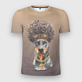 Мужская футболка 3D Slim с принтом Гламурный доберман в Новосибирске, 100% полиэстер с улучшенными характеристиками | приталенный силуэт, круглая горловина, широкие плечи, сужается к линии бедра | Тематика изображения на принте: доберман | животное | кудри | мода | на стиле | пёс | собака | стиль