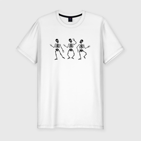 Мужская футболка хлопок Slim с принтом Три танцующих скелета в Кировске, 92% хлопок, 8% лайкра | приталенный силуэт, круглый вырез ворота, длина до линии бедра, короткий рукав | скелеты | танцующие | хэллоуин | человеческие