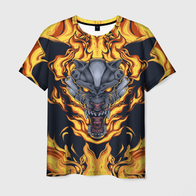 Мужская футболка 3D с принтом Маска тигра в огне в Новосибирске, 100% полиэфир | прямой крой, круглый вырез горловины, длина до линии бедер | большие кошки | животное | маска | огонь | символ | тигр | хищник
