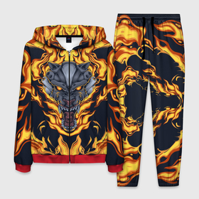 Мужской костюм 3D с принтом Маска тигра в огне , 100% полиэстер | Манжеты и пояс оформлены тканевой резинкой, двухслойный капюшон со шнурком для регулировки, карманы спереди | большие кошки | животное | маска | огонь | символ | тигр | хищник