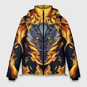 Мужская зимняя куртка 3D с принтом Маска тигра в огне в Новосибирске, верх — 100% полиэстер; подкладка — 100% полиэстер; утеплитель — 100% полиэстер | длина ниже бедра, свободный силуэт Оверсайз. Есть воротник-стойка, отстегивающийся капюшон и ветрозащитная планка. 

Боковые карманы с листочкой на кнопках и внутренний карман на молнии. | большие кошки | животное | маска | огонь | символ | тигр | хищник