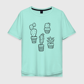 Мужская футболка хлопок Oversize с принтом Дудл кактусы в горшочках в Санкт-Петербурге, 100% хлопок | свободный крой, круглый ворот, “спинка” длиннее передней части | в горшочках | домашнее растение | дудл | кактусы | колючки | скетч | суккуленты | цветок