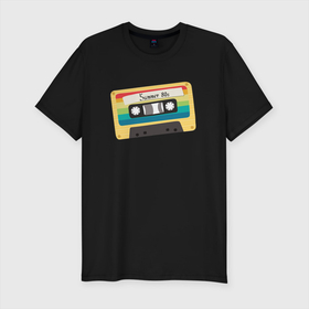 Мужская футболка хлопок Slim с принтом Ретро кассета с радужным узором , 92% хлопок, 8% лайкра | приталенный силуэт, круглый вырез ворота, длина до линии бедра, короткий рукав | 80s | summer | аудиокассета | винтаж | кассета | компакткассета | музыка | надпись | радуга | ретро