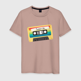 Мужская футболка хлопок с принтом Ретро кассета с радужным узором в Тюмени, 100% хлопок | прямой крой, круглый вырез горловины, длина до линии бедер, слегка спущенное плечо. | 80s | summer | аудиокассета | винтаж | кассета | компакткассета | музыка | надпись | радуга | ретро