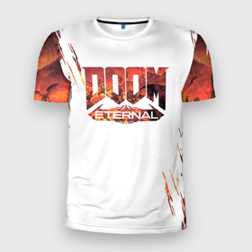Мужская футболка 3D Slim с принтом Doom Eternal, в Новосибирске, 100% полиэстер с улучшенными характеристиками | приталенный силуэт, круглая горловина, широкие плечи, сужается к линии бедра | doom | doom 2016 | doom eternal | doom eternal обзор | doom slayer | doomguy | fps | gameplay | id software | mick gordon | walkthrough | дум