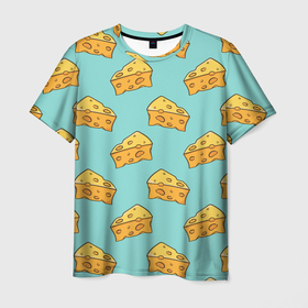 Мужская футболка 3D с принтом Кусочки сыра, паттерн в Белгороде, 100% полиэфир | прямой крой, круглый вырез горловины, длина до линии бедер | Тематика изображения на принте: еда | кусочки | паттерн | пища | сыра