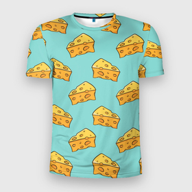 Мужская футболка 3D Slim с принтом Кусочки сыра, паттерн в Санкт-Петербурге, 100% полиэстер с улучшенными характеристиками | приталенный силуэт, круглая горловина, широкие плечи, сужается к линии бедра | еда | кусочки | паттерн | пища | сыра