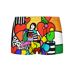 Мужские трусы 3D с принтом Romero Britto   valentines day , 50% хлопок, 50% полиэстер | классическая посадка, на поясе мягкая тканевая резинка | brazilian artist | bright colors | cubism | emoji | girl | hearts | love | pop art | romero britto | valentines day | бразильский художник | девушка | день святого валентина | кубизм | любовь | ромеро бритто | сердца | эмодзи | 