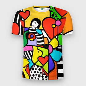 Мужская футболка 3D Slim с принтом Romero Britto   valentines day в Курске, 100% полиэстер с улучшенными характеристиками | приталенный силуэт, круглая горловина, широкие плечи, сужается к линии бедра | Тематика изображения на принте: brazilian artist | bright colors | cubism | emoji | girl | hearts | love | pop art | romero britto | valentines day | бразильский художник | девушка | день святого валентина | кубизм | любовь | ромеро бритто | сердца | эмодзи | 