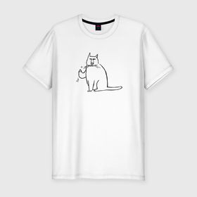 Мужская футболка хлопок Slim с принтом Кот с пальцем в верх в Тюмени, 92% хлопок, 8% лайкра | приталенный силуэт, круглый вырез ворота, длина до линии бедра, короткий рукав | кот | кот с пальцем в верх | котейка | обидчевый кот
