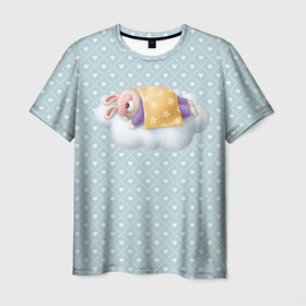 Мужская футболка 3D с принтом Спящий кролик в Петрозаводске, 100% полиэфир | прямой крой, круглый вырез горловины, длина до линии бедер | Тематика изображения на принте: заяц | кролик | сон | спит | спокойной ночи | спящий кролик