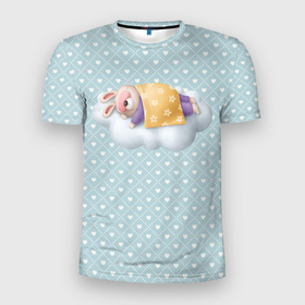 Мужская футболка 3D Slim с принтом Спящий кролик в Тюмени, 100% полиэстер с улучшенными характеристиками | приталенный силуэт, круглая горловина, широкие плечи, сужается к линии бедра | Тематика изображения на принте: заяц | кролик | сон | спит | спокойной ночи | спящий кролик
