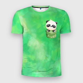 Мужская футболка 3D Slim с принтом милая панда в кармане , 100% полиэстер с улучшенными характеристиками | приталенный силуэт, круглая горловина, широкие плечи, сужается к линии бедра | в кармане | карман | маленькая панда | милая | панда