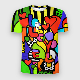 Мужская футболка 3D Slim с принтом Romero Britto   love you. , 100% полиэстер с улучшенными характеристиками | приталенный силуэт, круглая горловина, широкие плечи, сужается к линии бедра | brazilian artist | bright colors | cubism | emoji | girl | hearts | love | love you | pop art | romero britto | valentines day | бразильский художник | девушка | день святого валентина | кубизм | люблю тебя | любовь | ромеро бри