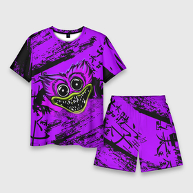 Мужской костюм с шортами 3D с принтом Хаги Ваги 2022 New в Курске,  |  | huggy monster run | poppy playtime | wuggy | жесть | зубы | игра | иероглифы | ночь | пурпурный | символы | фиолетовый | хоррор