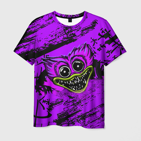 Мужская футболка 3D с принтом Хаги Ваги 2022 New в Санкт-Петербурге, 100% полиэфир | прямой крой, круглый вырез горловины, длина до линии бедер | huggy monster run | poppy playtime | wuggy | жесть | зубы | игра | иероглифы | ночь | пурпурный | символы | фиолетовый | хоррор