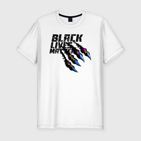 Мужская футболка хлопок Slim с принтом Black Lives Matter 2022 в Тюмени, 92% хлопок, 8% лайкра | приталенный силуэт, круглый вырез ворота, длина до линии бедра, короткий рукав | black lives matter | арт | блек лайвс метте | графити | минимализм | царапины