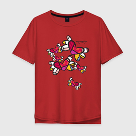 Мужская футболка хлопок Oversize с принтом Romero Britto: flying hearts в Тюмени, 100% хлопок | свободный крой, круглый ворот, “спинка” длиннее передней части | autograph | brazilian artist | bright colors | butterflies | cubism | emoji | flying h | graffiti | pop art | автограф | бабочки | бразильский художник | граффити | день святого валентина | кубизм | летящие сердечки | любовь | р