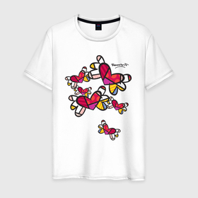 Мужская футболка хлопок с принтом Romero Britto: flying hearts в Курске, 100% хлопок | прямой крой, круглый вырез горловины, длина до линии бедер, слегка спущенное плечо. | autograph | brazilian artist | bright colors | butterflies | cubism | emoji | flying h | graffiti | pop art | автограф | бабочки | бразильский художник | граффити | день святого валентина | кубизм | летящие сердечки | любовь | р