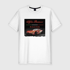 Мужская футболка хлопок Slim с принтом Alfa Romeo   Racing Team в Курске, 92% хлопок, 8% лайкра | приталенный силуэт, круглый вырез ворота, длина до линии бедра, короткий рукав | alfa romeo | car | italy | motorsport | power | prestige | racing | team | автомобиль | автоспорт | альфа ромео | гонка | италия