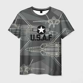 Мужская футболка 3D с принтом U.S.Air force в Кировске, 100% полиэфир | прямой крой, круглый вырез горловины, длина до линии бедер | 5е поколение | ввс сша | камуфляж | самолет | чертёж