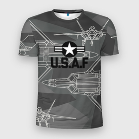 Мужская футболка 3D Slim с принтом U.S.Air force в Курске, 100% полиэстер с улучшенными характеристиками | приталенный силуэт, круглая горловина, широкие плечи, сужается к линии бедра | 5е поколение | ввс сша | камуфляж | самолет | чертёж