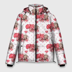 Мужская зимняя куртка 3D с принтом Кофе и конфеты в Новосибирске, верх — 100% полиэстер; подкладка — 100% полиэстер; утеплитель — 100% полиэстер | длина ниже бедра, свободный силуэт Оверсайз. Есть воротник-стойка, отстегивающийся капюшон и ветрозащитная планка. 

Боковые карманы с листочкой на кнопках и внутренний карман на молнии. | Тематика изображения на принте: кафе | конфеты | кофе | сладости | чай