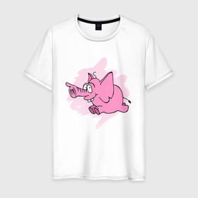 Мужская футболка хлопок с принтом Розовый слон, бегущий по своим делам , 100% хлопок | прямой крой, круглый вырез горловины, длина до линии бедер, слегка спущенное плечо. | детские | детям | животные | звери | розовый слон | слон