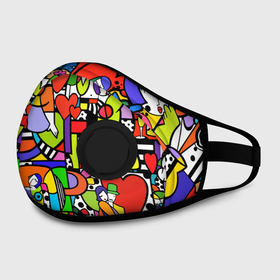 Маска из неопрена с принтом Romero Britto   love collage. в Рязани, неопрен 100% | Форма огибающая нос. Резинки для ушей с дополнительной резинкой на затылке. Клапан для выдоха для активного дыхания при занятиях спортом. Эластичный материал маски и окантовки для лучшего растяжения и прилегания маски.  | Тематика изображения на принте: brazilian artist | bright colors | cubism | emoji | fishes | fl | girls | graffiti | pop art | romero britto | бразильский художник | граффити | девушки | день святого валентина | коллаж | кубизм | любовь | ромеро бритто | рыбы 