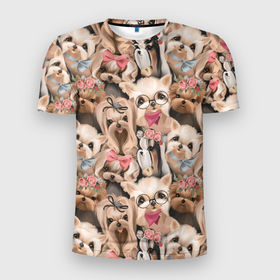 Мужская футболка 3D Slim с принтом Паттерн йорки в Санкт-Петербурге, 100% полиэстер с улучшенными характеристиками | приталенный силуэт, круглая горловина, широкие плечи, сужается к линии бедра | выставка собак | декоративная собака | для питомников | заводчик йорков | йорк | йоркширский терьер | принт собака