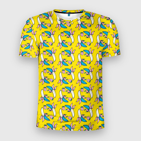 Мужская футболка 3D Slim с принтом Летний узор. Забавные бананчики в Новосибирске, 100% полиэстер с улучшенными характеристиками | приталенный силуэт, круглая горловина, широкие плечи, сужается к линии бедра | банан | летний | лето | разноцветный | фрукты