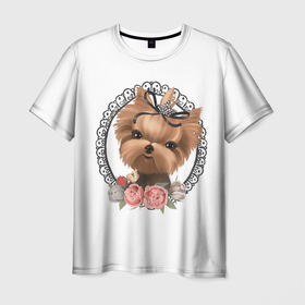 Мужская футболка 3D с принтом Йорк в рамке в Санкт-Петербурге, 100% полиэфир | прямой крой, круглый вырез горловины, длина до линии бедер | декоративная собака | для выставок | йорк | йоркширский терьер | маленькая собака | питомник