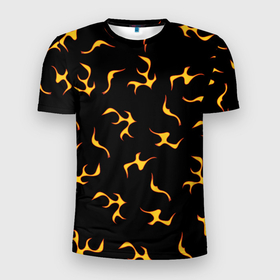 Мужская футболка 3D Slim с принтом Огоньки   Узор в Курске, 100% полиэстер с улучшенными характеристиками | приталенный силуэт, круглая горловина, широкие плечи, сужается к линии бедра | для пледа | желтый | красный | огонь | пламя | подарок | узор