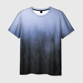 Мужская футболка 3D с принтом КРАСИВЫЙ ЛЕС В ТУМАНЕ в Курске, 100% полиэфир | прямой крой, круглый вырез горловины, длина до линии бедер | forest | деревья | дым | лес | мрачный лес | природа | туман