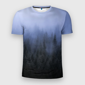 Мужская футболка 3D Slim с принтом КРАСИВЫЙ ЛЕС В ТУМАНЕ в Курске, 100% полиэстер с улучшенными характеристиками | приталенный силуэт, круглая горловина, широкие плечи, сужается к линии бедра | forest | деревья | дым | лес | мрачный лес | природа | туман