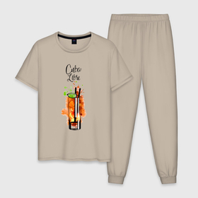 Мужская пижама хлопок с принтом Cuba Libre коктейль , 100% хлопок | брюки и футболка прямого кроя, без карманов, на брюках мягкая резинка на поясе и по низу штанин
 | вечеринка | коктейль | куба | куба либре | напитки | остров свободы | отдых | праздник | экзотик