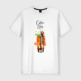Мужская футболка хлопок Slim с принтом Cuba Libre коктейль в Екатеринбурге, 92% хлопок, 8% лайкра | приталенный силуэт, круглый вырез ворота, длина до линии бедра, короткий рукав | вечеринка | коктейль | куба | куба либре | напитки | остров свободы | отдых | праздник | экзотик