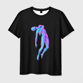 Мужская футболка 3D с принтом Неоновая невесомость в Кировске, 100% полиэфир | прямой крой, круглый вырез горловины, длина до линии бедер | женщина | киберпанк | невесомость | неон | силуэт | фигура
