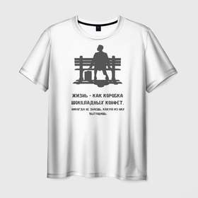 Мужская футболка 3D с принтом Форест Гамп цитата в Санкт-Петербурге, 100% полиэфир | прямой крой, круглый вырез горловины, длина до линии бедер | Тематика изображения на принте: мотивация | фильмы | форест гамп | цитаты | цитаты из фильмов