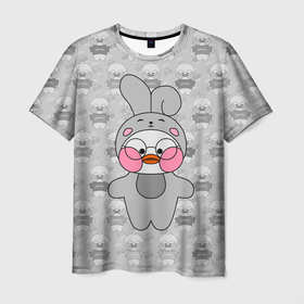 Мужская футболка 3D с принтом Утенок Лалафанфан   В костюме зайца в Белгороде, 100% полиэфир | прямой крой, круглый вырез горловины, длина до линии бедер | lalafanfan | rabbit | зайчик | заяц | игрушка | кролик | лалафанфан | плюшевый | утенок | утка