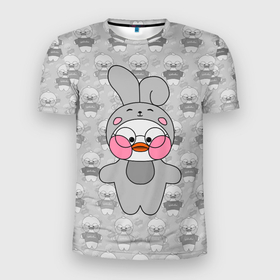 Мужская футболка 3D Slim с принтом Утенок Лалафанфан   В костюме зайца в Новосибирске, 100% полиэстер с улучшенными характеристиками | приталенный силуэт, круглая горловина, широкие плечи, сужается к линии бедра | Тематика изображения на принте: lalafanfan | rabbit | зайчик | заяц | игрушка | кролик | лалафанфан | плюшевый | утенок | утка