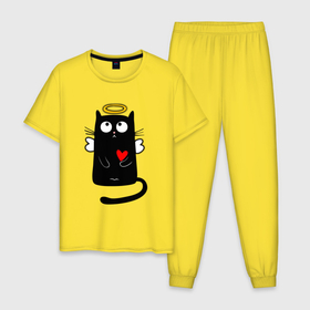 Мужская пижама хлопок с принтом Черный кот с сердечком в Новосибирске, 100% хлопок | брюки и футболка прямого кроя, без карманов, на брюках мягкая резинка на поясе и по низу штанин
 | Тематика изображения на принте: angel | black cat | cat | heart | i love you | kawaii | kitty | love | love you | valentine s day | wings | ангел | валентинка | влюбленные | день святого валентина | киска | кот | котенок | крылышки | крылья | любовь | милые создания | подарок