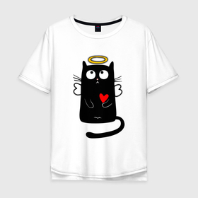Мужская футболка хлопок Oversize с принтом Черный кот с сердечком в Курске, 100% хлопок | свободный крой, круглый ворот, “спинка” длиннее передней части | angel | black cat | cat | heart | i love you | kawaii | kitty | love | love you | valentine s day | wings | ангел | валентинка | влюбленные | день святого валентина | киска | кот | котенок | крылышки | крылья | любовь | милые создания | подарок