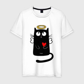Мужская футболка хлопок с принтом Черный кот с сердечком в Новосибирске, 100% хлопок | прямой крой, круглый вырез горловины, длина до линии бедер, слегка спущенное плечо. | angel | black cat | cat | heart | i love you | kawaii | kitty | love | love you | valentine s day | wings | ангел | валентинка | влюбленные | день святого валентина | киска | кот | котенок | крылышки | крылья | любовь | милые создания | подарок