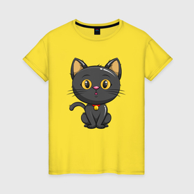 Женская футболка хлопок с принтом Черный маленький котенок в Санкт-Петербурге, 100% хлопок | прямой крой, круглый вырез горловины, длина до линии бедер, слегка спущенное плечо | кот | котенок | котик | кошка | черный кот | черныш