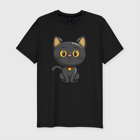 Мужская футболка хлопок Slim с принтом Черный маленький котенок в Курске, 92% хлопок, 8% лайкра | приталенный силуэт, круглый вырез ворота, длина до линии бедра, короткий рукав | кот | котенок | котик | кошка | черный кот | черныш