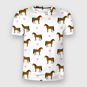 Мужская футболка 3D Slim с принтом КОНИ, ЛОШАДИ, СЕРДЦА в Петрозаводске, 100% полиэстер с улучшенными характеристиками | приталенный силуэт, круглая горловина, широкие плечи, сужается к линии бедра | животные | звери | кони | конь | коняшка | лошади | лошадка | лошадь | пони | природа | сердечки | сердца